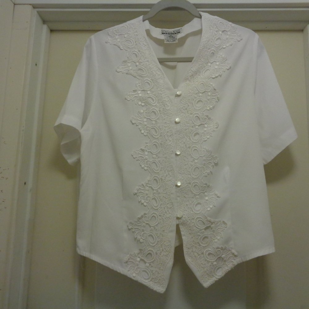CHRISTIE & JILL PETITE WHITE CREPE ROMANTIC LACE BLOUSE 14 P